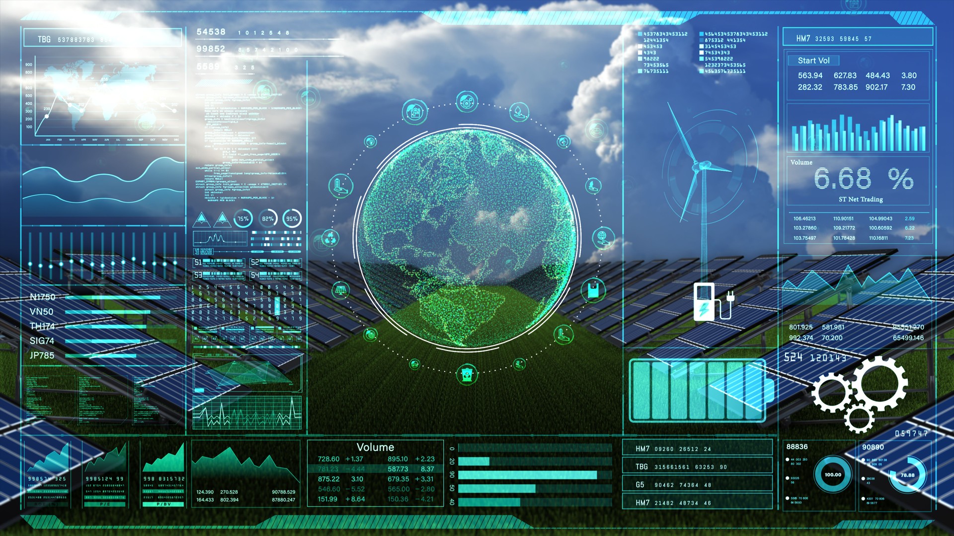 Advanced interface displaying renewable energy analytics with solar panels, wind turbine, and a digital globe, highlighting sustainable energy management. 3d rendering