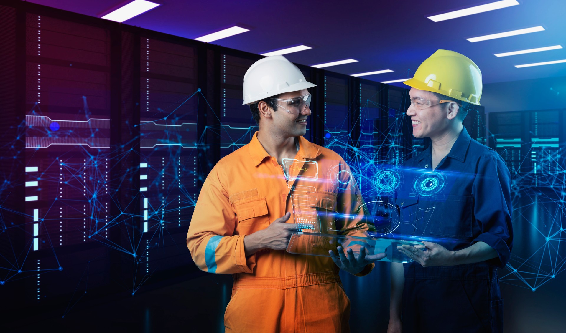 Data center server room IOT technology future 5G digital big cloud data, computer engineer programming with AR computer control futuristic background