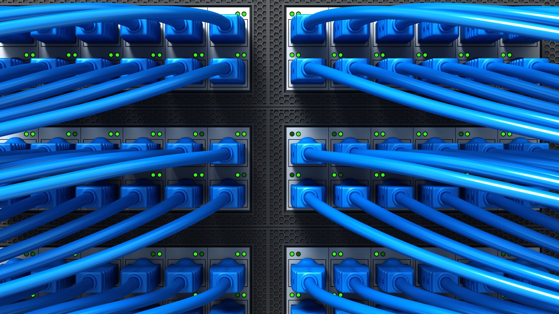 Data Center and Internet cables plugged in network server. Internet security network and safe data concept. Database storage. Cloud computing technology. 3d render